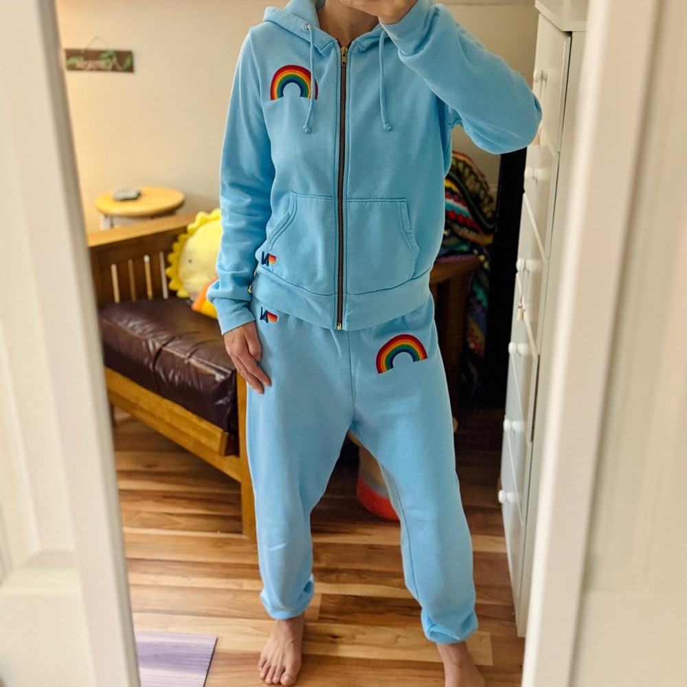 Aviator Nation Light Blue Hoodie & Sweatpants with Rainbow Accents